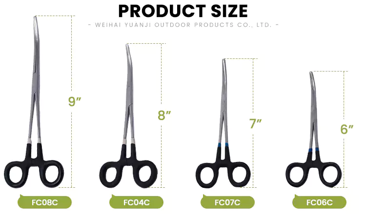 Curved Stainless Steel Fly Fishing Forceps Product Models and Dimensions